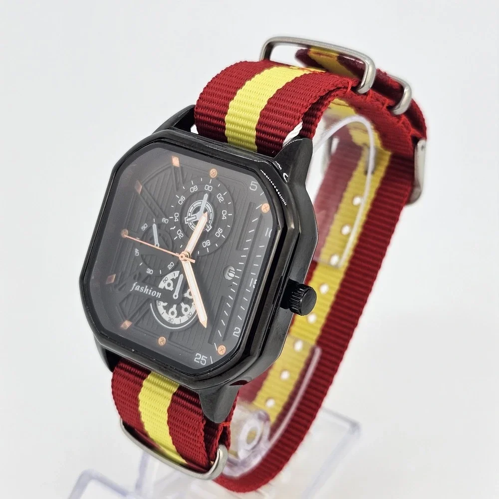 Men's Watch 42MM Black Dial Date‎ Indicator Red Yellow Canvas Bands New Battery